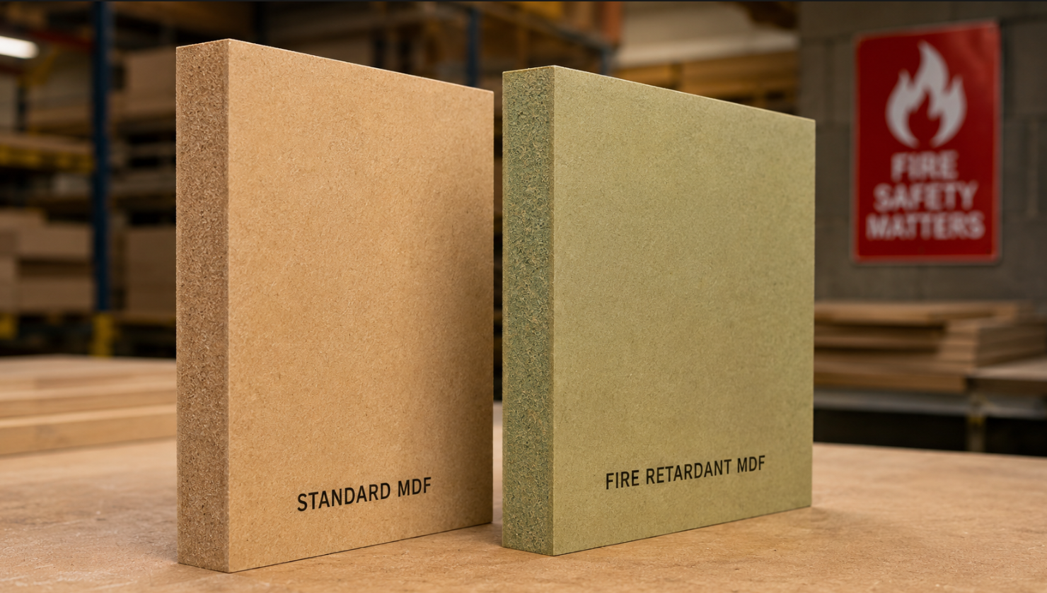 Fire retardant MDF compared with standard MDF